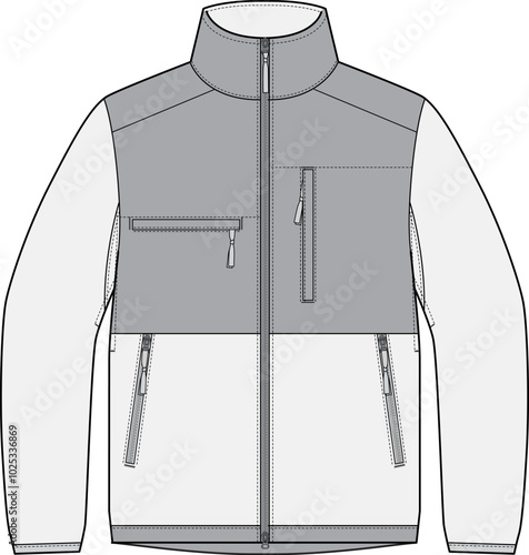 Softshell jacket technical CAD polar fleece fashion illustration front and back views	
