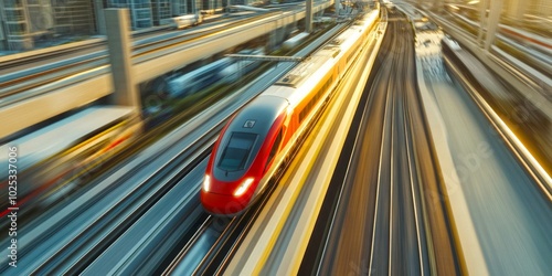 A high-speed train zooms through a modern city landscape. The motion blur captures the swift movement and energy of urban transport. This image reflects a dynamic and futuristic style. AI photo