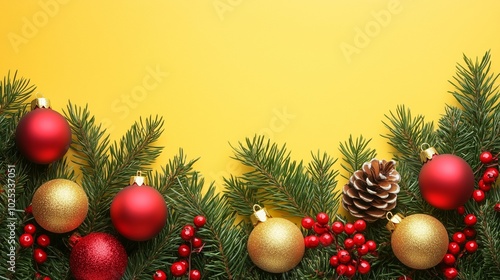 Festive Christmas Ornaments and Greenery on a Bright Background