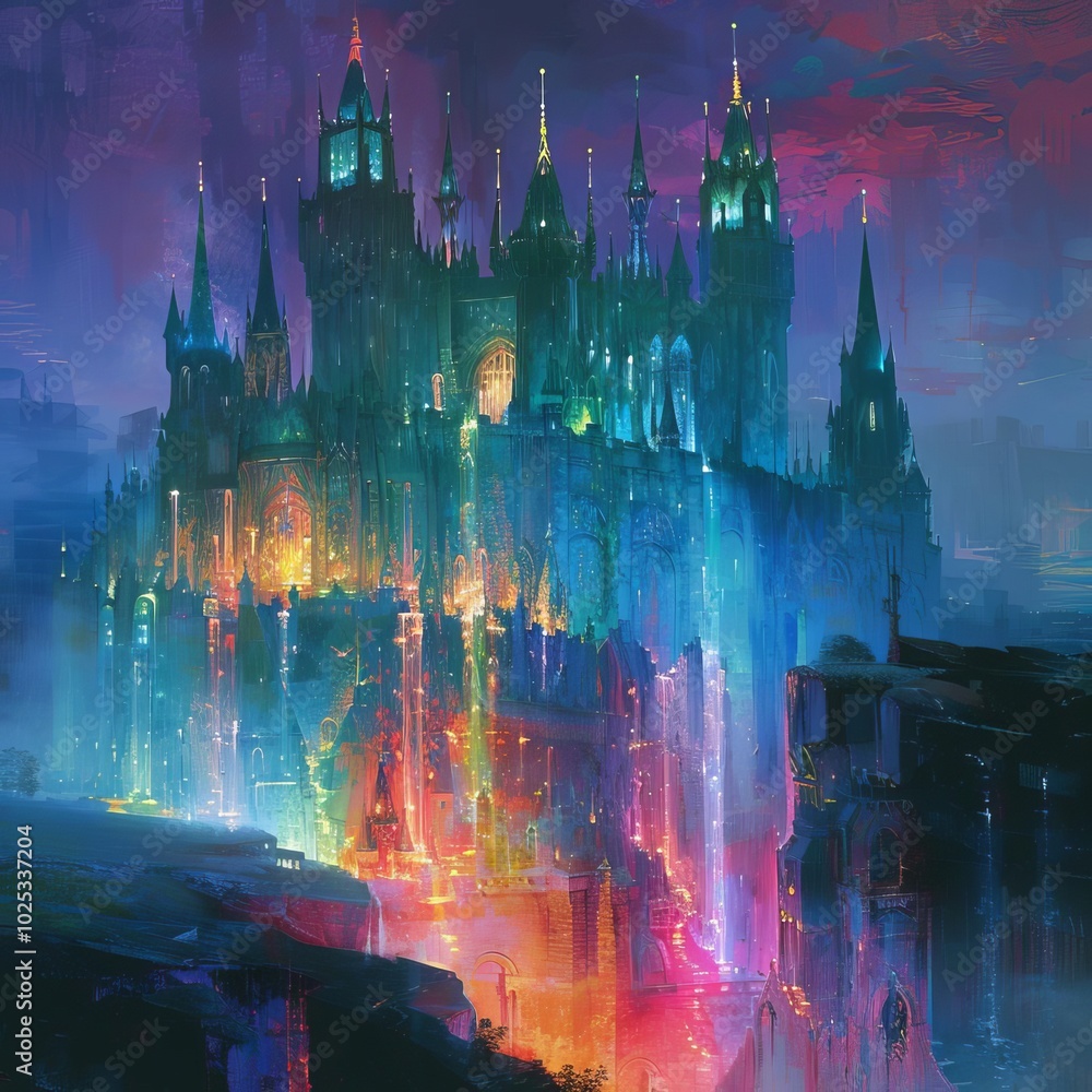 A surreal castle with floating turrets and iridescent walls, standing on a glowing hill A surreal castle with floating turrets and iridescent walls, standing on a glowing hill