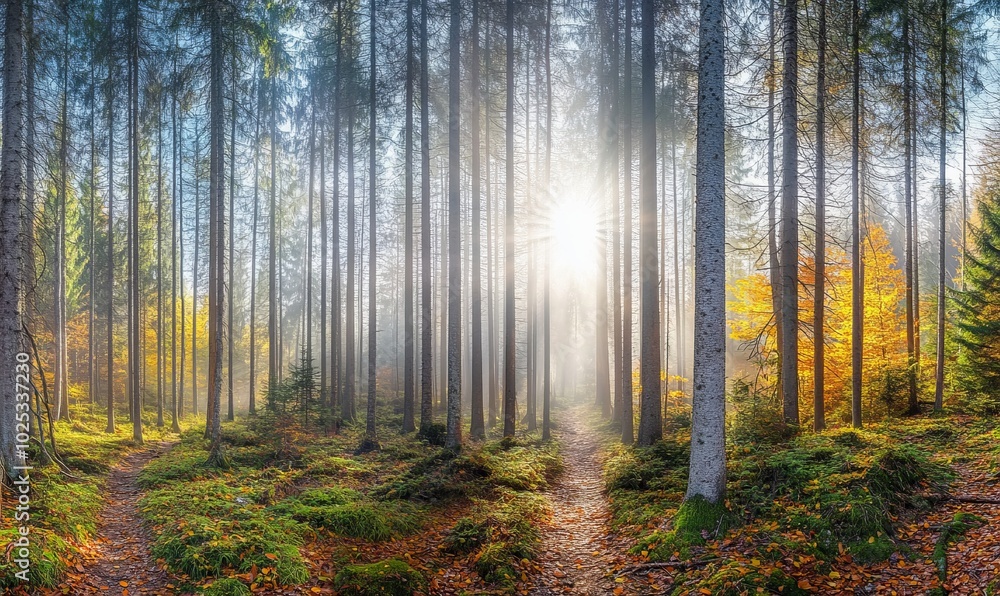 Obraz premium Panorama, spruce forest in autumn with fog, sun shining through the tree trunks