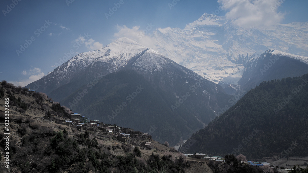 The landscape on the Annapurna Circuit hiking route in Nepal The landscape on the Annapurna Circuit hiking route in Nepal
