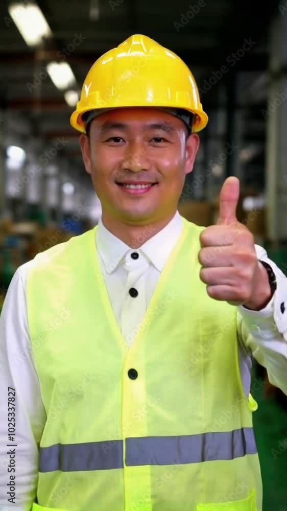 Smiling Construction Worker Giving Thumbs Up in Warehouse. Video. Vertical. Smiling Construction Worker Giving Thumbs Up in Warehouse. Video. Vertical.