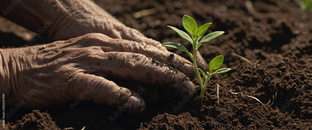 Nurturing New Life: Elderly hands gently plant a seedling in rich soil, a poignant image of growth, care, and the cycle of life. Nurturing New Life: Elderly hands gently plant a seedling in rich soil, a poignant image of growth, care, and the cycle of life.