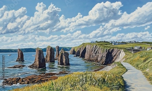 Pier and sea stacks from the shores of Bour photo