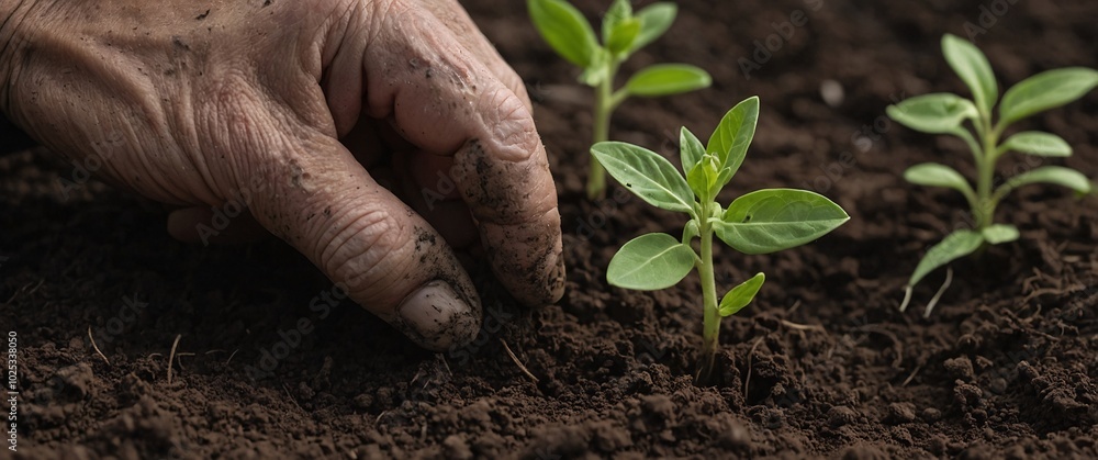 Nurturing New Life: A weathered hand gently guides a young seedling into the rich, dark earth. The image captures the essence of life, growth, and the cycle of nature. Nurturing New Life: A weathered hand gently guides a young seedling into the rich, dark earth. The image captures the essence of life, growth, and the cycle of nature.