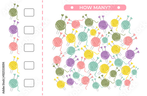 Math kids activity sheet. Count how many colorful yarn. Vector illustration of  knitting education counting game for preschool children. Mini math game how many