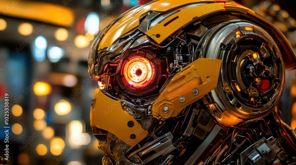 Fototapeta premium Close-up of a Yellow and Silver Robot with a Red Eye
