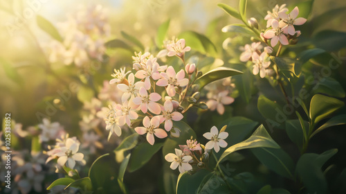 Imagine a delicate scene showcasing clove flowers in full bloom, their small, star-like shapes bursting with soft pink and white hues. 