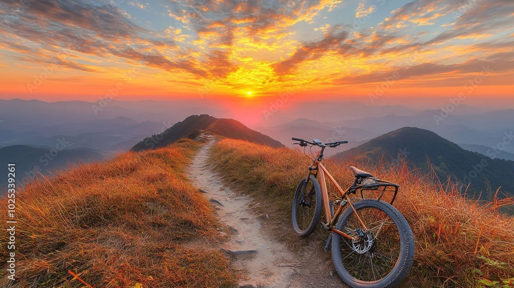 A mountain bike sits on a trail overlooking a mountain range at sunset. Generative ai A mountain bike sits on a trail overlooking a mountain range at sunset. Generative ai