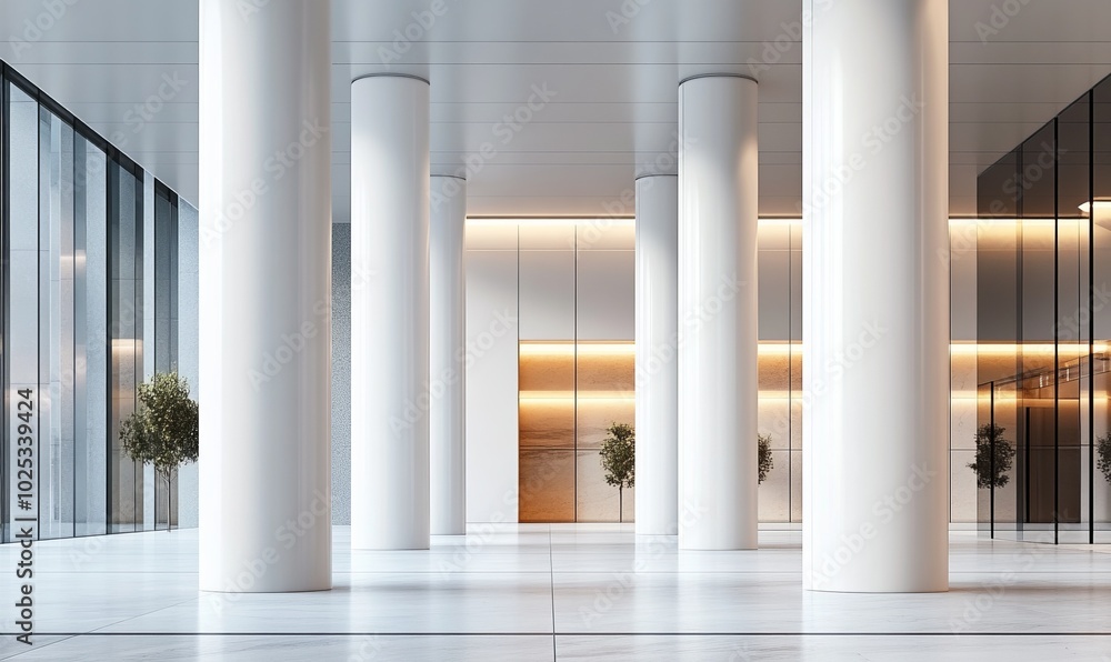 Polished white pillars stand tall as structural elements under a modern architectural design, offering a clean and sleek contrast against darker elements in the background Polished white pillars stand tall as structural elements under a modern architectural design, offering a clean and sleek contrast against darker elements in the background
