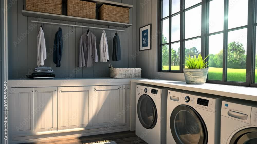 A bright laundry room featuring washing machines, shelves, and natural light. A bright laundry room featuring washing machines, shelves, and natural light.