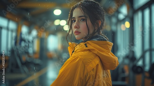 Young Woman in Yellow Raincoat, Blurred Cityscape Raining, Atmosphere, and Portrait