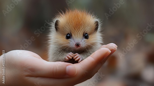 A tiny hedgehog with red fur sits in the palm of a hand.