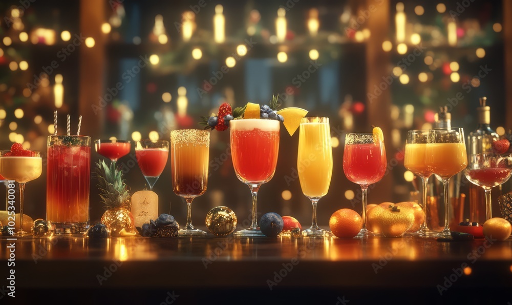 Festive New Year's Eve cocktails arranged on a bar, garnished with fruit and served in elegant glasses, ready for toasting Festive New Year's Eve cocktails arranged on a bar, garnished with fruit and served in elegant glasses, ready for toasting