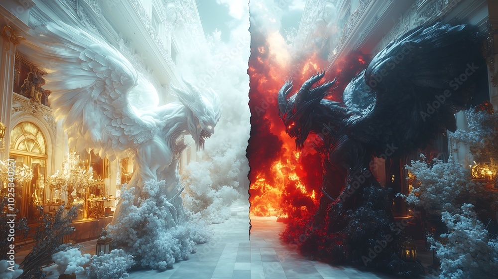 Celestial Warrior vs. Dark Overlord Showdown. Generative AI Celestial Warrior vs. Dark Overlord Showdown. Generative AI