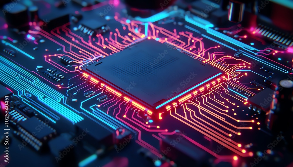 Close-up of a glowing circuit board with microchip, showcasing vibrant neon colors and intricate electronic details. Close-up of a glowing circuit board with microchip, showcasing vibrant neon colors and intricate electronic details.