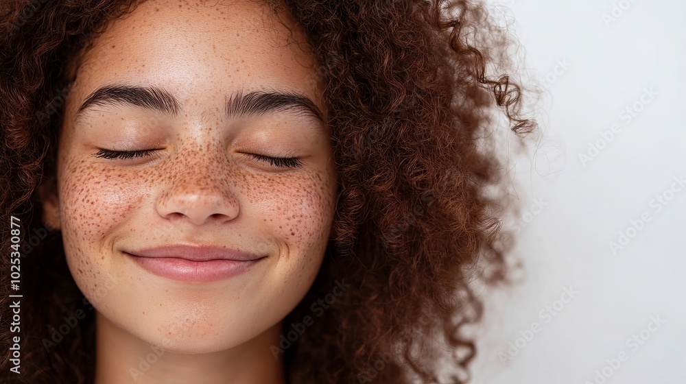 A content Latina brunette female is solitary against a white backdrop. Young adult smiling and sporting freckles on her face while posing with her eyes closed to promote skincare and clean.
A content Latina brunette female is solitary against a white backdrop. Young adult smiling and sporting freckles on her face while posing with her eyes closed to promote skincare and clean.
