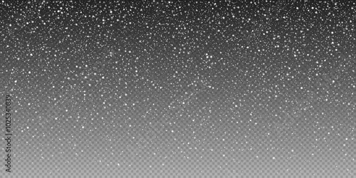 Frosty snowflakes falling on transparent background. Fine winter snowfall, delicate snow flakes creating a calm festive atmosphere. Perfect for Christmas or winter scenes designs, holiday cards.