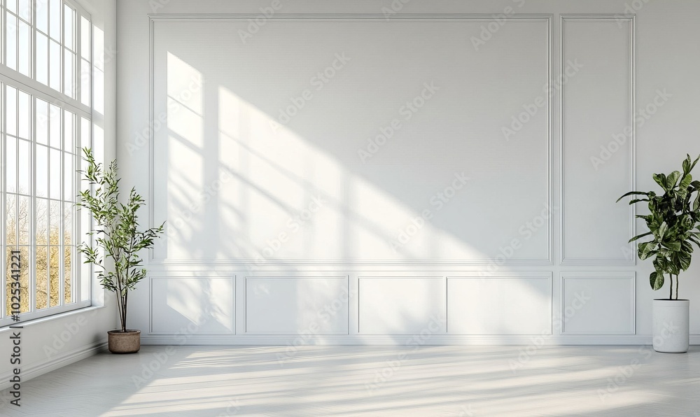 Front view on bright kitchen interior with empty white wall Front view on bright kitchen interior with empty white wall