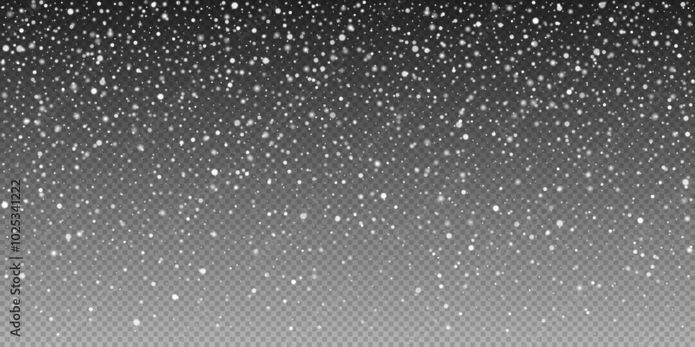 Snow overlay dust with sparkling snowflakes. Snowfall and winter snowstorm on clear transparent background. For seasonal greetings, decorations and winter projects. Vector illustration snow flakes