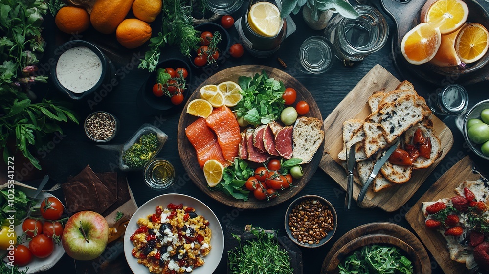 A variety of nutritious foods are spread out on a flat, dark-textured table. A variety of nutritious foods are spread out on a flat, dark-textured table.