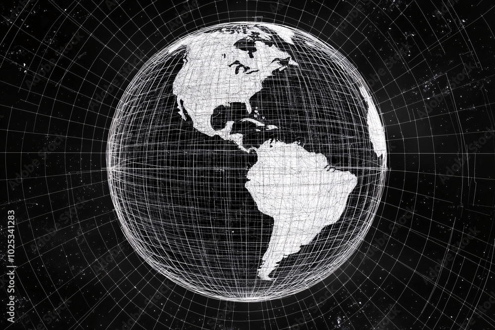 Naklejka premium A wireframe globe in black and white isolated on a dark background with a grid pattern showing the Americas 