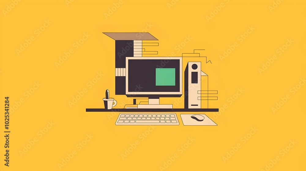 Minimalistic technology illustration with computer and desk setup on yellow background Minimalistic technology illustration with computer and desk setup on yellow background