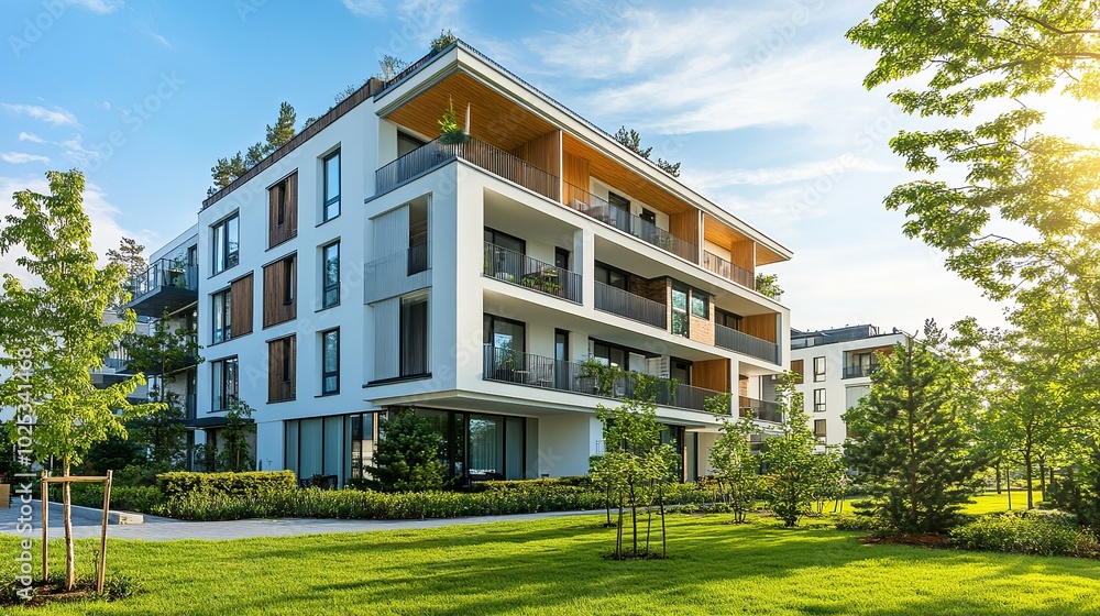Contemporary apartment building in a green space. apartment building with flat buildings on the outside. elegant residential complex. Condo architecture, a portion of city real estate. Contemporary apartment building in a green space. apartment building with flat buildings on the outside. elegant residential complex. Condo architecture, a portion of city real estate.