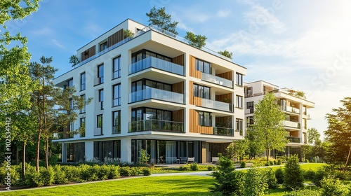 Contemporary apartment building in a green space. apartment building with flat buildings on the outside. elegant residential complex. Condo architecture, a portion of city real estate. 