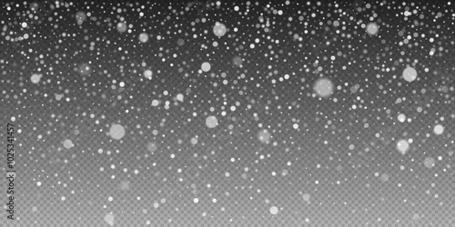 Vector winter flurry with snowflakes swirling. Delicate snow crystals forming a natural winter scene. Transparent snow overlay for Christmas cards, posters, decorations, and festive and banners.