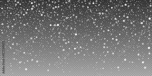 Glittering snowflakes in mid air on transparent background. Snow overlay effects creating a peaceful winter ambiance. White snow layers and frosty particles in vector format for holiday cards.