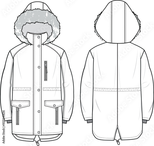 Unisex Fur Hooded Parka Jacket. Technical fashion illustration. Front and back, white color. Unisex CAD mock-up.