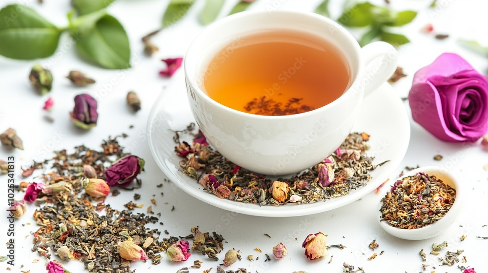 For breakfast or dinner, a white background displays a cup of tea. For breakfast or dinner, a white background displays a cup of tea.