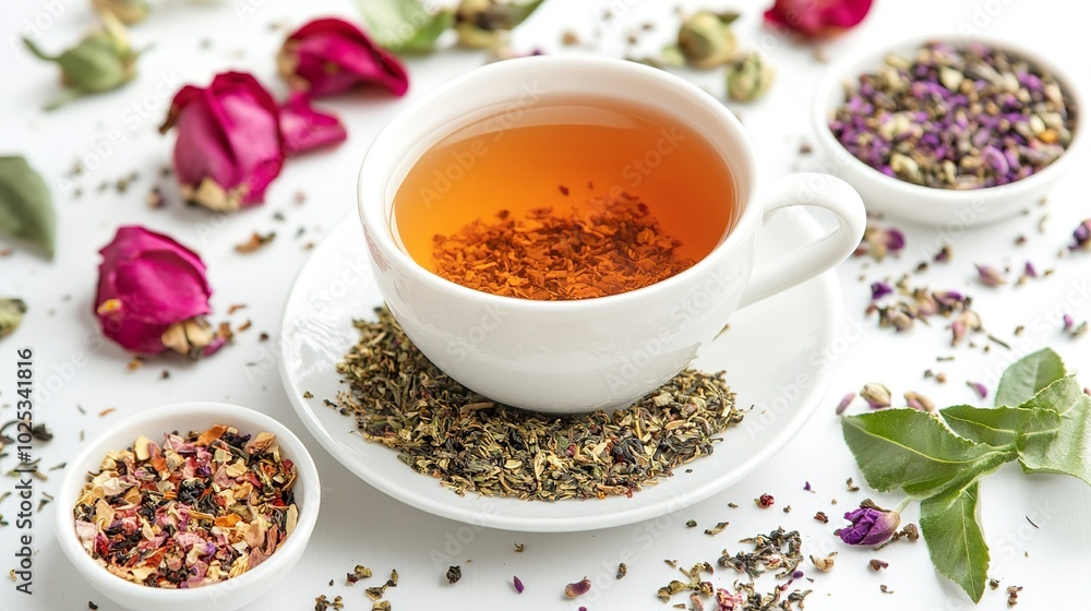 For breakfast or dinner, a white background displays a cup of tea. For breakfast or dinner, a white background displays a cup of tea.