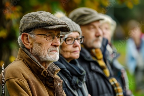 Group of elderly people walking in the park in autumn. Selective focus.