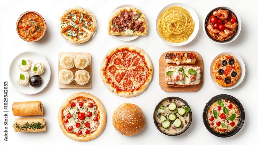 Various delectable meals arranged, fast food plates in top view isolated on a white backdrop. assortment of meals with a top view. pizza, spaghetti, lasagna, buns, grilled chicken, and ice cream. Various delectable meals arranged, fast food plates in top view isolated on a white backdrop. assortment of meals with a top view. pizza, spaghetti, lasagna, buns, grilled chicken, and ice cream.