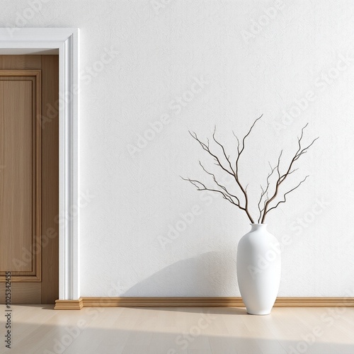 Interior background of room with stucco wall and vase with branch 3d rendering