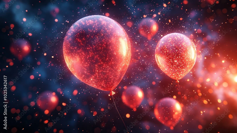 A captivating array of translucent red balloons filled with sparkles, set against a soft, dark background, giving a festive feel. A captivating array of translucent red balloons filled with sparkles, set against a soft, dark background, giving a festive feel.