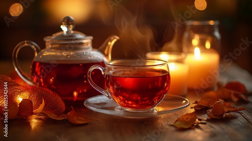 Autumn tea, warmed in a glass cup with a teapot and candles in a contemporary kitchen. interior of a home. Tea hour, comfortable setting. in closeup. 