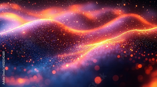 A vibrant, colorful abstract representation featuring sweeping waves of light and particles in a dark background, creating a dynamic visual effect.