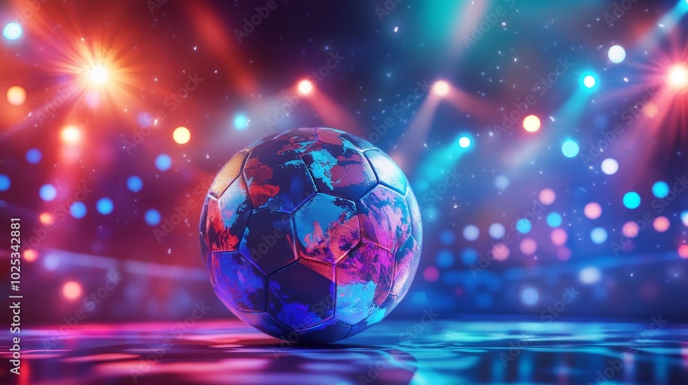 A soccer ball is on a wet surface with lights shining on it A soccer ball is on a wet surface with lights shining on it