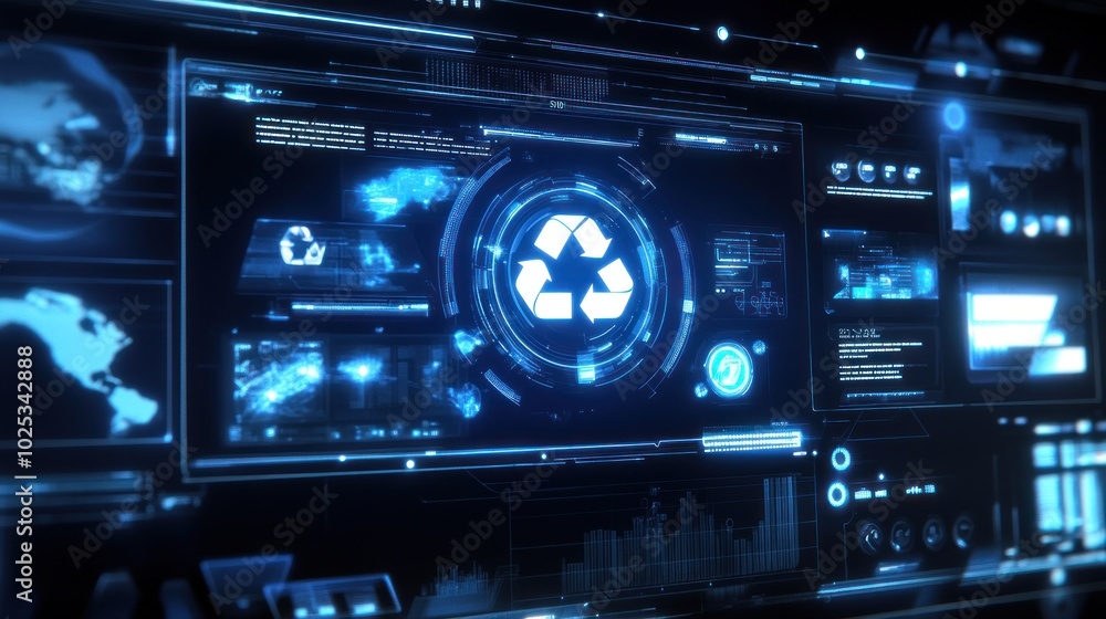 Blue Digital Interface with Recycling Symbol in Center Blue Digital Interface with Recycling Symbol in Center
