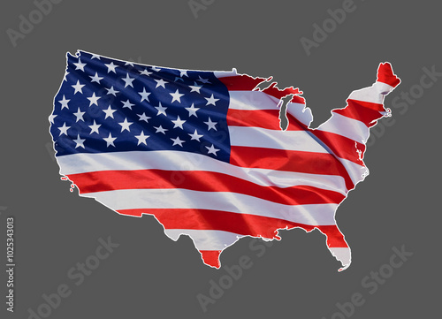 Map, outline of United States of America designed with national flag