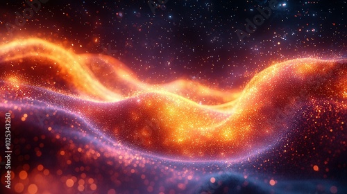 This stunning image showcases a cosmic scene with glowing waves in hues of orange, purple, and blue, resembling a vast universe filled with stardust.