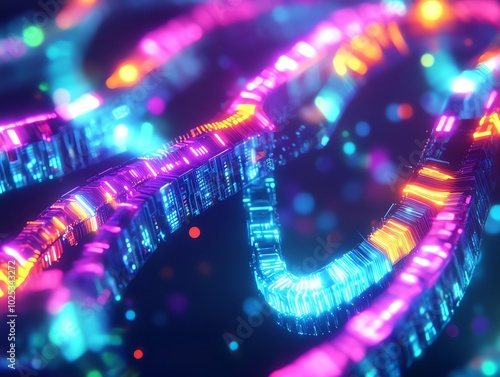 Vibrant digital representation of colorful fiber optic cables in a close-up view, showcasing light trails in neon hues on a dark background.