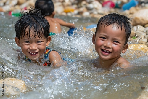 Joyful children playing in a river in Southeast Asia on a sunny afternoon