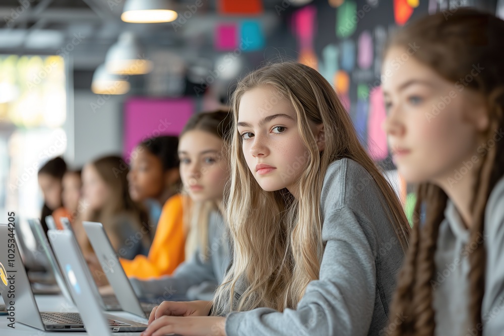 A diverse group of young girls engaged in a computer activity at a creative workspace during a tech workshop A diverse group of young girls engaged in a computer activity at a creative workspace during a tech workshop