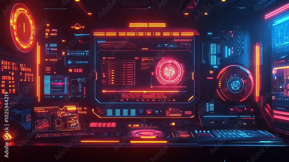 A cyberpunk gaming HUD background featuring a modern, futuristic 3D design. It includes a vibrant neon interface, showcasing advanced technology and visual elements. 3D illustration. A cyberpunk gaming HUD background featuring a modern, futuristic 3D design. It includes a vibrant neon interface, showcasing advanced technology and visual elements. 3D illustration.