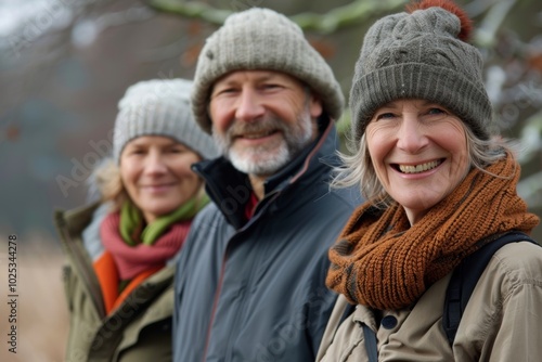 Portrait of happy senior couple in winter clothes looking at camera outdoors